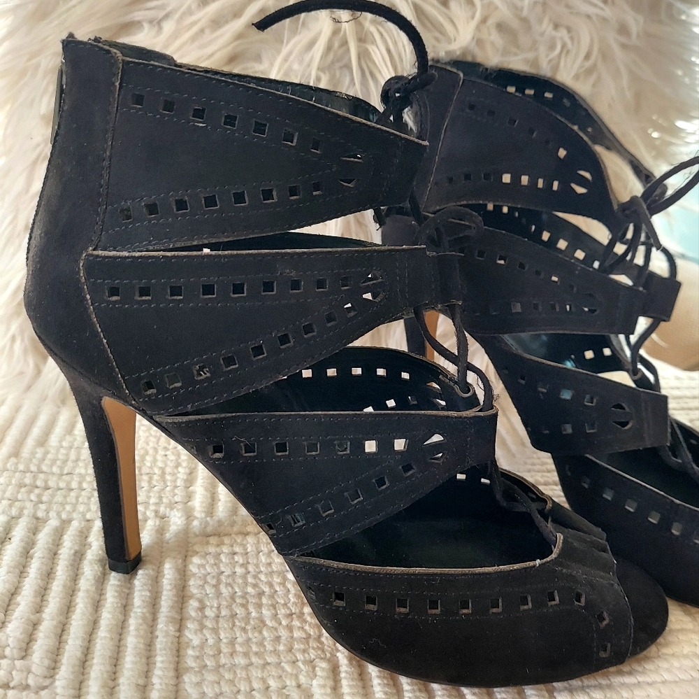 Womens New Express Black Lace Up Black Open Toe Stilletto Heels Size 10